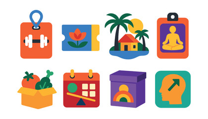 Flat vector icons of wellness and lifestyle rewards: gym membership badge, spa voucher icon, wellness retreat trip, meditation subscription pass, healthy meal kit reward, work-life balance calendar,