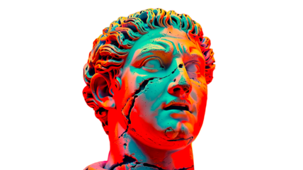 Ancient Greek marble bust illuminated in vibrant neon colors of turquoise and coral, blending classical sculpture with contemporary digital aesthetic.