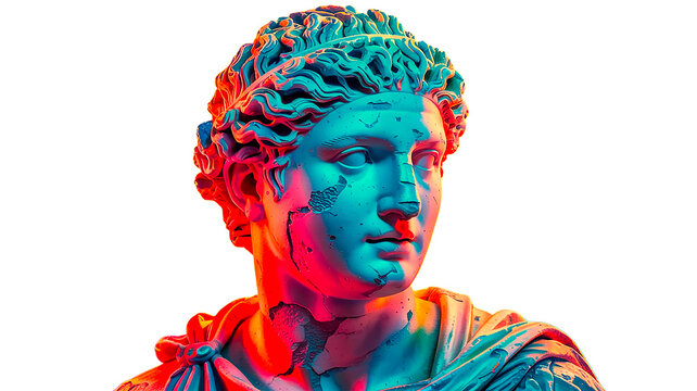 Ancient Greek marble bust illuminated in vibrant neon colors of turquoise and coral, blending classical sculpture with contemporary digital aesthetic.