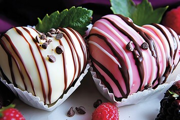 Heart-shaped chocolate desserts decorated with white and pink icing, ideal for Valentine's Day ads, romantic campaigns, or confectionery packaging.