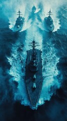 Aerial view of naval fleet at sea moving in formation, perfect for military reports, defense editorials, or global strategy publications.