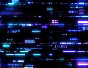 Abstract digital glitch art, vibrant lines and blocks on dark background