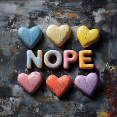 "NOPE" Textured Letters with Pastel Hearts - Rejection/Anti-Love Concept