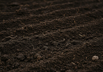 Dark rich soil texture background for agriculture farming and gardening close up view of fertile land 100