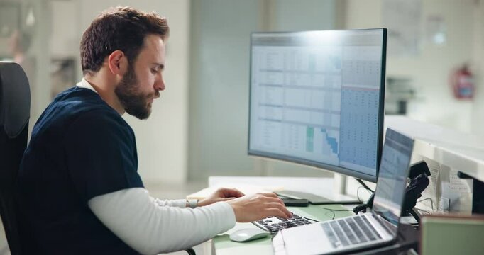 Nurse, computer and screen with typing in hospital for patient database, digital medical record or admin. Man, electronic details or info for healthcare, report or laptop for update on health archive