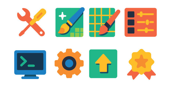 Flat vector icons of game modding and user content: mod tools icon, skin editor paintbrush, map creator grid, UI mod panel, custom server terminal, fan patch gear, game mod upload arrow, content