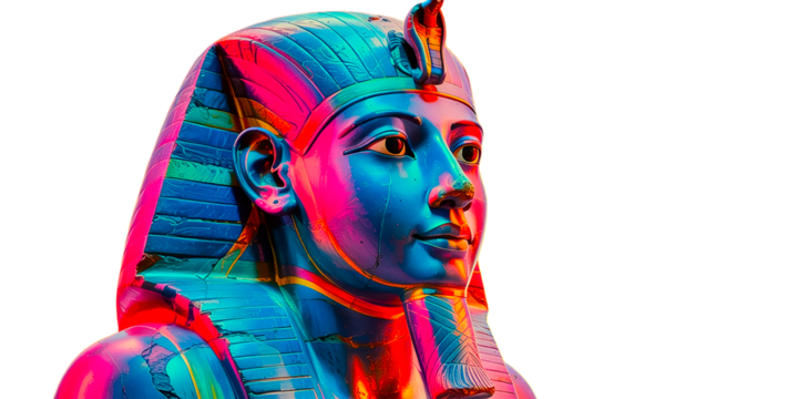 Ancient Egyptian pharaoh statue illuminated in vibrant neon colors of pink, blue, and yellow, blending historical artifacts with modern digital aesthetics.