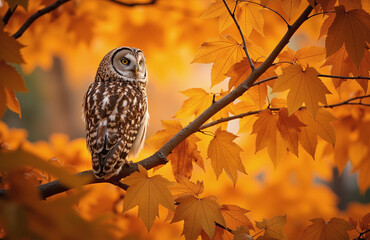 Fototapeta premium Owl perched on autumn branch with vibrant orange leaves