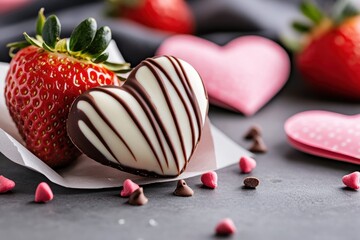 Chocolate heart with strawberry and pink hearts, perfect for dessert ads, romantic packaging, or confectionery Valentine’s promotions.