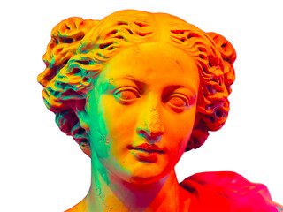 Classical Greek goddess statue transformed with vibrant neon colors of emerald, orange and red, creating a striking fusion of ancient art and contemporary digital aesthetics.