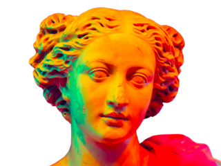 Classical Greek goddess statue transformed with vibrant neon colors of emerald, orange and red, creating a striking fusion of ancient art and contemporary digital aesthetics.