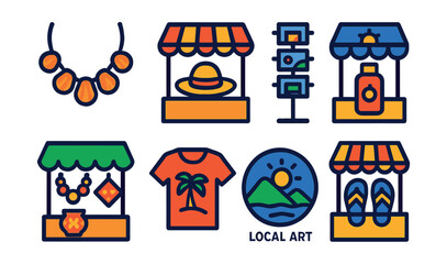 Flat vector icons of beach shopping and souvenirs: shell necklace icon, beach hat stall, postcard rack, sunblock lotion stand, handmade crafts booth, souvenir t-shirt, local art badge, flip-flop