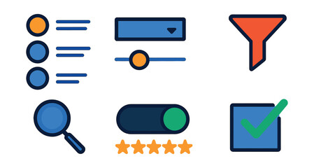 Flat vector icons of selection tools and interfaces: radio button group, dropdown menu icon, slider selector, filter funnel badge, search magnifier glass, toggle button panel, star rating selector,