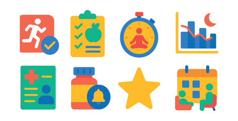 Flat vector icons of health and wellness options: exercise selection icon, diet plan checklist, meditation timer badge, sleep tracker graph, medical consultation form, medication reminder, wellness
