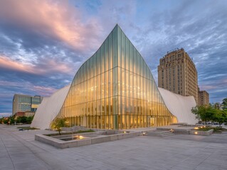 Obraz premium Modern architectural structure at dawn.