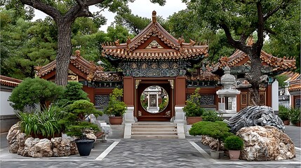 Fototapeta premium Sacred asian temple with decorative doors and statues high resolution photo