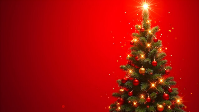 Illustration of a decorated christmas tree against red background with glitter. copy space