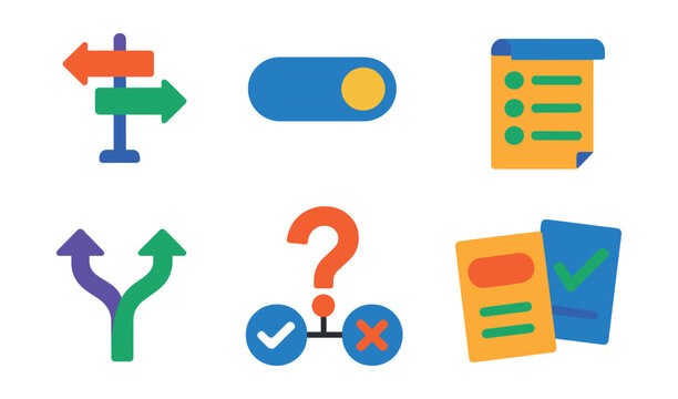 Flat vector icons of alternative choices and options: alternative route sign, switch button icon, toggle between two options, option list scroll, split decision diagram, path divergence icon, yes/no