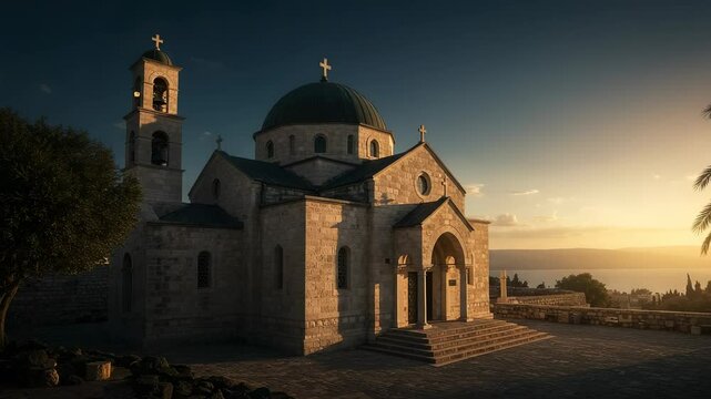 Serene Basilica Church of the Apostles at Capernaum Overlooking the Sea of Galilee at Sunset