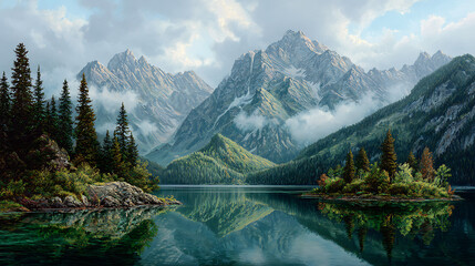 Misty morning light bathes a serene mountain lake, reflecting majestic peaks and evergreen islands