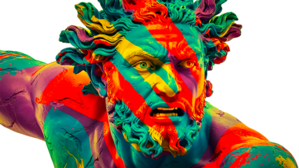 Classical Greek statue transformed with psychedelic neon colors, featuring intense expression and dramatic lighting that merges ancient sculpture with modern digital art aesthetics.