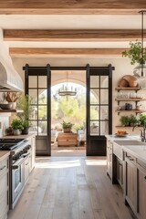 Modern farmhouse kitchen with barn door cabinets, stainless steel appliances, and a mix of vintage and modern décor