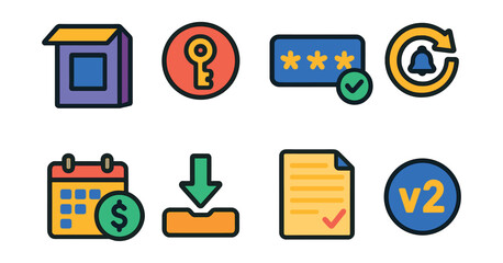 Flat vector icons of software support and licensing: software box icon, license key badge, activation code, update reminder, subscription plan, download button, user agreement, version info.