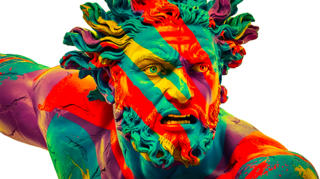 Classical Greek statue transformed with psychedelic neon colors, featuring intense expression and dramatic lighting that merges ancient sculpture with modern digital art aesthetics.