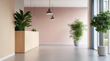 Modern, minimalist office hallway with plants and pendant lights.  Light, airy space
