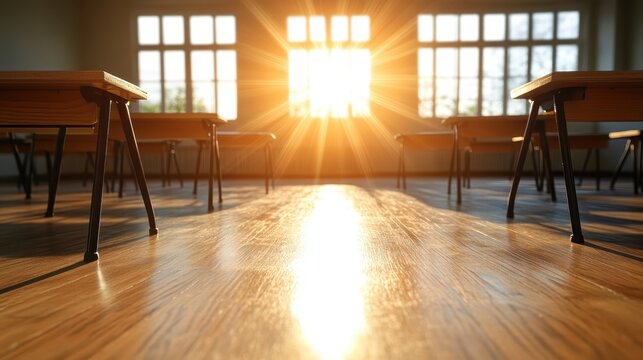 A serene classroom bathed in sunlight, showcasing empty desks and inviting a sense of peace and reflective learning in an educational environment.