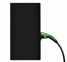 EV charging station with charging cable and plug connector.
