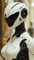 A detailed profile view of a futuristic cybernetic female model, showcasing a sleek white and black helmet with a dark visor and intricate mechanical neck components