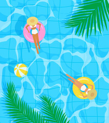 Summer vector background. Pool with blue water, float, ball, rubber ring, woman and palm leaf. Shining turquoise rippled water and Inflatable swimming circle illustration. People enjoy party.