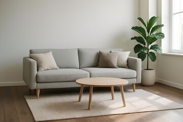 Minimalist Living Room With Scandinavian Furniture And Green Plant