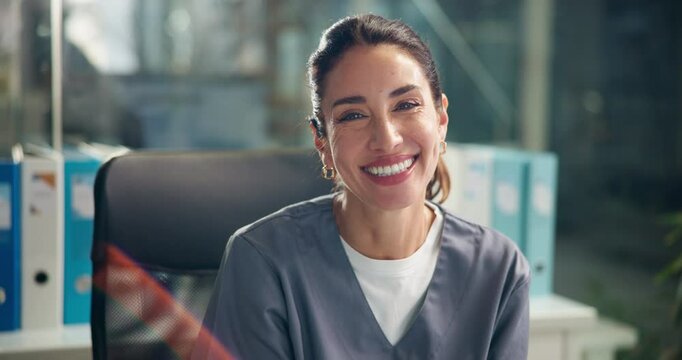 Face, surgeon or woman in office with smile, healthcare or confidence in medical career in clinic. Happy, help or doctor in hospital for practice, pharmaceutical medicine or wellness service in Spain