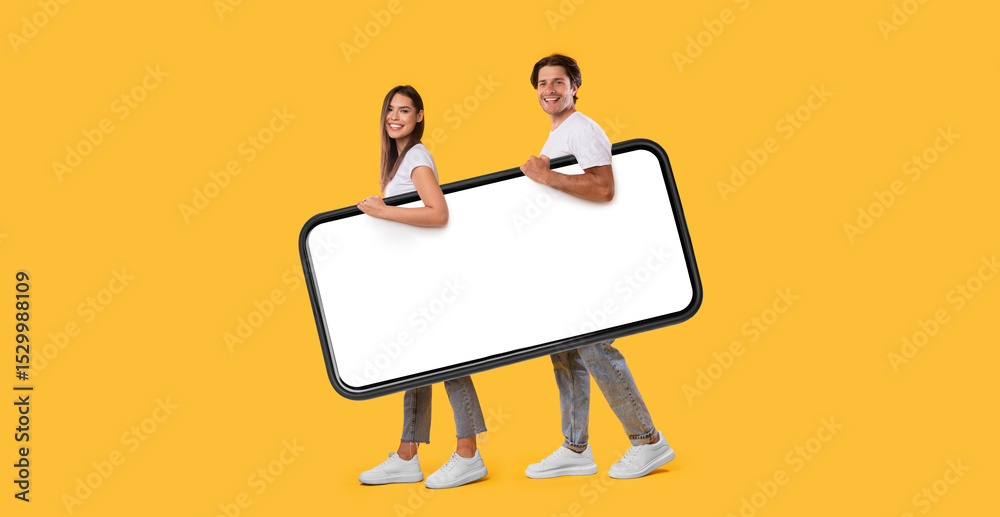 Poster full body length side view profile of cheerful couple carrying big smart phone with blank white scre