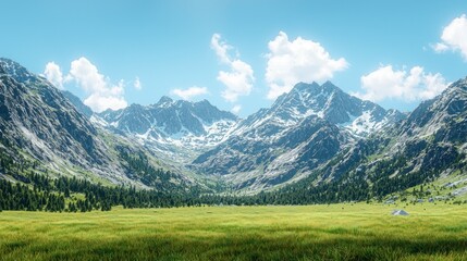 Obraz premium Snowy mountains frame a grassy valley under a bright sky