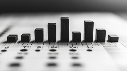 A striking 3D bar chart with black blocks on a blurred document background, emphasizing data visualization and business analytics