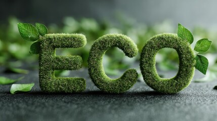 The word "ECO" crafted from lush green grass and leaves, symbolizing sustainability and environmental consciousness