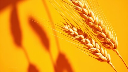Wheat grains and wheat ear on a yellow-orange background, warm bright light