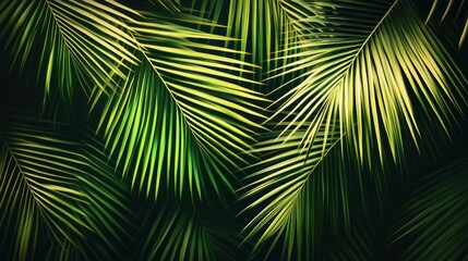 A close-up of overlapping, lush green palm leaves under dappled light, showcasing their intricate textures and vibrant hues against a dark background
