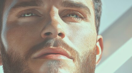 A close-up of a man's face with intense green eyes, showcasing detailed skin texture and rugged features