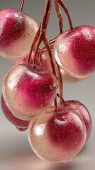 A close-up of glossy cherries with water droplets, showcasing their vibrant red hue and juicy texture