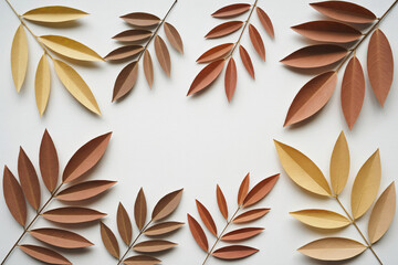 handcut paper leaves arranged in geometric patterns on white background, eco-friendly collage concept