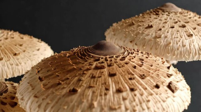 Group of parasol mushrooms with textured caps, displaying organic patterns and earthy colors against dark backdrop