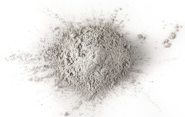 Dry cement, mortar powder pile isolated on white background, top view
