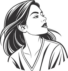 Black and White Stylized Portrait of Serene Woman with Long Dark Hair  Vintage Comic Inspired Line Art