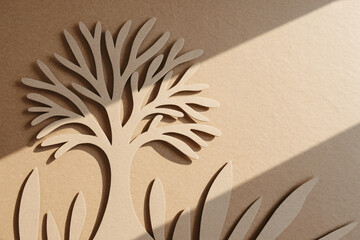 recycled paper cutouts forming tree silhouettes, sustainable design elements scattered organically