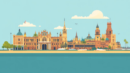 A flat vector illustration of Seville, Spain, featuring its most iconic landmarks in a clean, modern line-art style. 