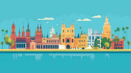 A flat vector illustration of Seville, Spain, featuring its most iconic landmarks in a clean, modern line-art style. 